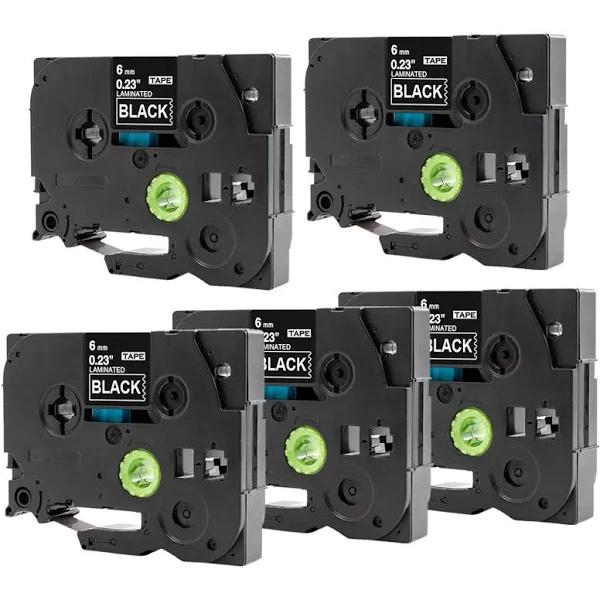 Compatible 5 x PTE300VP Tape Brother PT-E300VP 6mm White Text On Black Laminated Tape - 8 Meters
