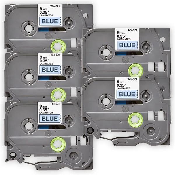 Compatible 5 x PTP910BT Tape Brother PT-P910BT 9mm Black Text On Blue Laminated Tape - 8 Meters