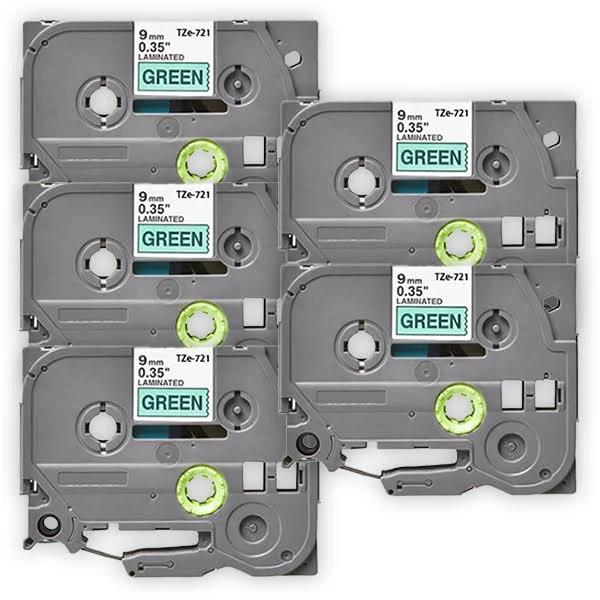 Compatible 5 x PTP910BT Tape Brother PT-P910BT 9mm Black Text On Green Laminated Tape - 8 Meters