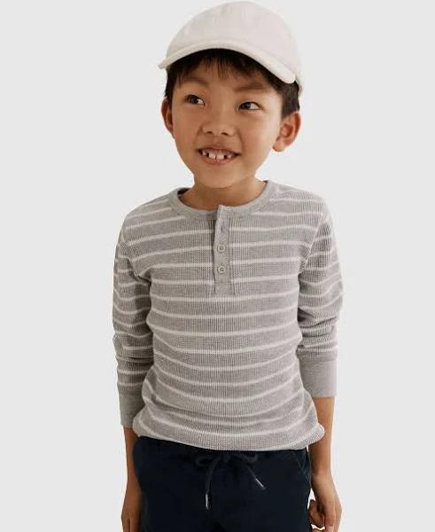 Country Road Boys Organically Grown Cotton Stripe Waffle Henley Top Grey Marle in Size 10