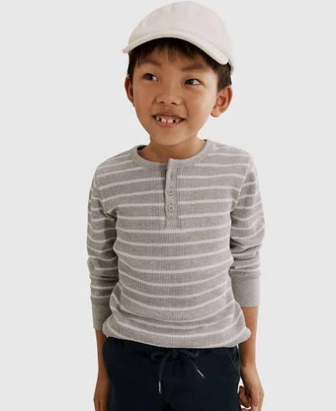 Country Road Boys Organically Grown Cotton Stripe Waffle Henley Top Grey Marle in Size 6