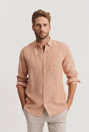 Country Road Men's Regular Fit Organically Grown Stripe Shirt Ginger in Size 2XL | 100% Organic Linen