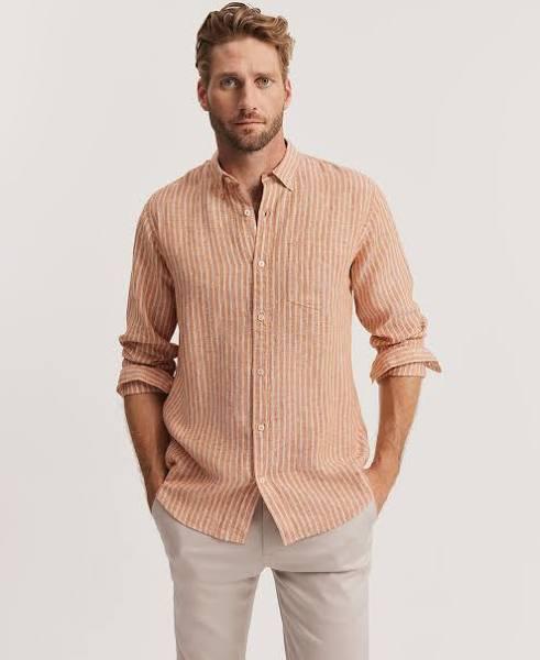 Country Road Men's Regular Fit Organically Grown Stripe Shirt Ginger in Size XS | 100% Organic Linen