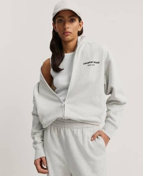 Country Road Women's Australian Full Zip Sweat Top Light Grey Marle in Size XS | 100% Cotton