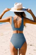 Cupshe Release Happiness Ruched V-Neck Bralette & Banded High Waist Bikini Set - Blue,XS