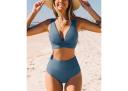 Cupshe Release Happiness Ruched V-Neck Bralette & Banded High Waist Bikini Set - Blue,XS