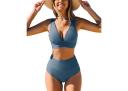 Cupshe Release Happiness Ruched V-Neck Bralette & Banded High Waist Bikini Set - Blue,XS