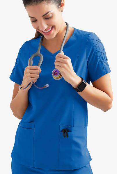 Easy Stretch by Butter-Soft Kylie Woman's 5 Pocket V-Neck with Criss-Cross Detail Scrub Top in Royal | Size L Polyester/spandex