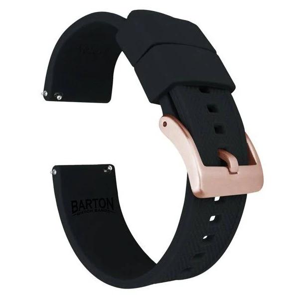 Elite Silicone Watch Band / Strap in Black w/ Rose Gold Buckle, Width 21mm, Standard Length | Barton