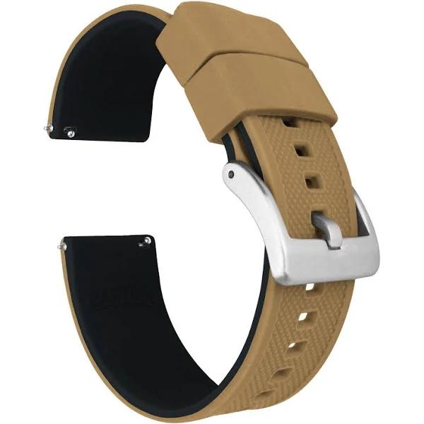 Elite Silicone Watch Band / Strap in Khaki Tan/Black w/ Gunmetal Grey Buckle, Width 21mm | Barton