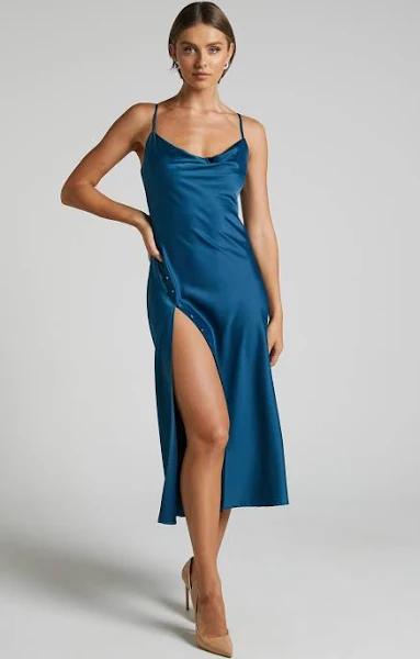 Flordeliza Midi Dress - Cowl Neck Thigh Slit Slip Dress in Steel Blue - Showpo A Line Dresses - 10 (M)