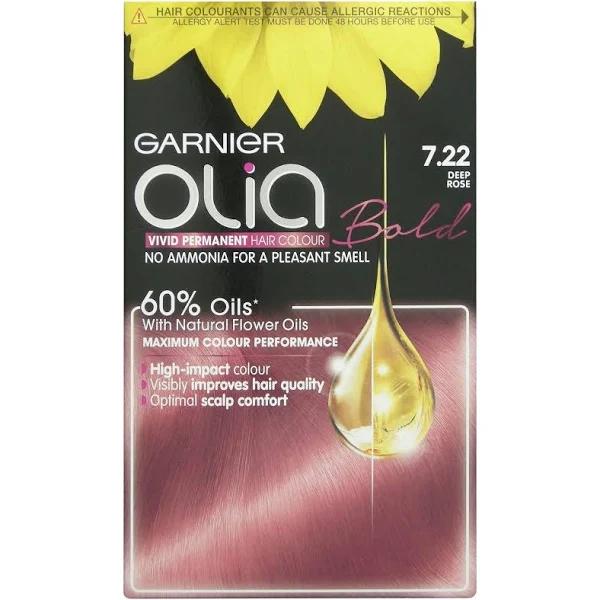 Garnier Olia Deep Rose Hair Dye Permanent, Up to 100% Grey Hair Coverage, No Ammonia for A Pleasant Scent, 60% Oils - 7.22 Deep Rose