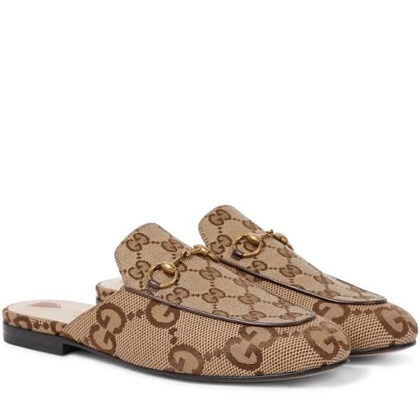 Gucci Princetown Horsebit-detailed Leather-Trimmed Canvas-jacquard Slippers - Women - Beige Flat Shoes - IT38.5