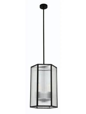 Montauk 3 Light Tall Pendant or Close to Ceiling Fitting in Black With Ribbed Clear Glass