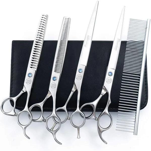 Moontay Professional 8.0" Pet Grooming Scissors Set, 4-Pieces 440C Japanese Steel Straight & Curved & Thinning & Chunker Shears/Scissors With 1