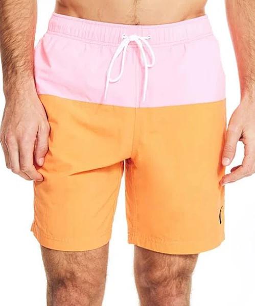 Nautica Men's Board Short Orange & Highlight Pink Color Block Quick-dry Drawstring Swim Trunks L