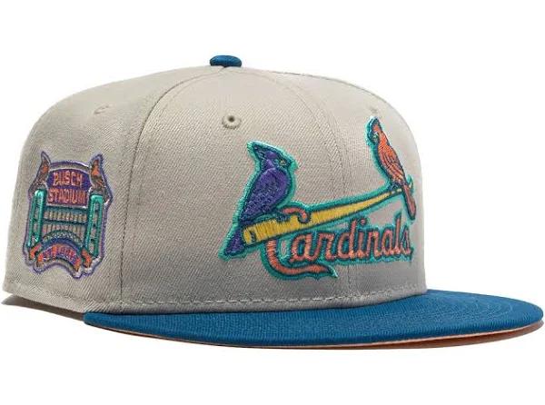 New Era Atlanta Braves Ocean Drive 150th Anniversary Patch Hat Club Exclusive 59Fifty Alternate Fitted Hat Stone/Indigo/Peach