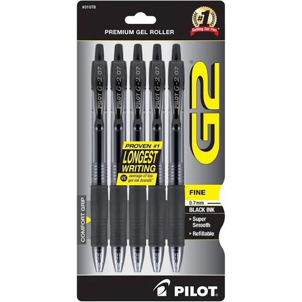 Pilot G2 Premium Refillable and Retractable Rolling Ball Gel Pens, Fine Point, Black Ink, 5-Pack (31078)