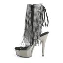 Pleaser | Delight-1017RSF, 6 inch Open Toe with Fringe Ankle Boots Clear-Silver/Clear Size : 11 - FUNkyPair.com