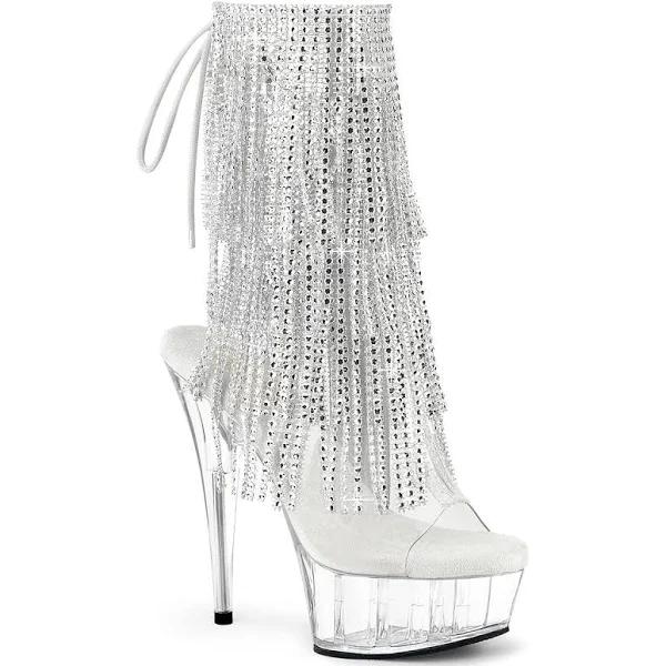 Pleaser | Delight-1017RSF, 6 inch Open Toe with Fringe Ankle Boots Clear-Silver/Clear Size : 11 - FUNkyPair.com