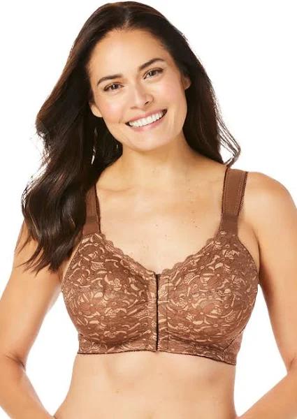 Plus Size Women's Front Close Wireless Posture Bra by Comfort Choice in French Toast Lace (Size 40 B)