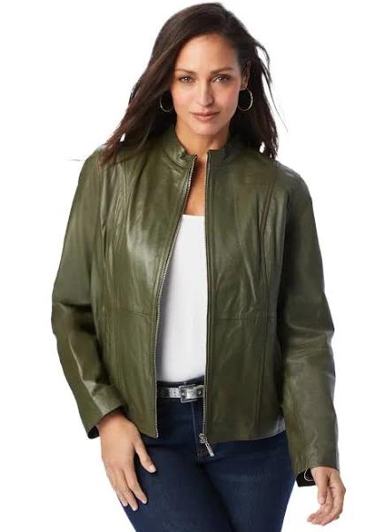 Plus Size Women's Zip Front Leather Jacket by Jessica London in Dark Olive Green (Size 20 W)