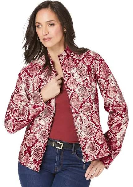 Plus Size Women's Zip Front Leather Jacket by Jessica London in Rich Burgundy Snake (Size 32 W)