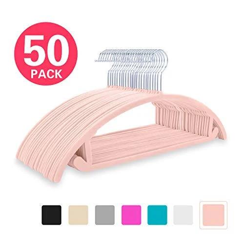 Premium Velvet Hangers (Pack of 50) Heavyduty- Non Slip No Shoulder Bump Suit Hangers - Chrome Hooks,Space Saving Clothes Hangers,Rounded Hangers