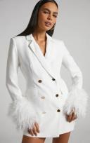 Rhaiza Mini Dress - Faux Feather Trim Double Breasted Blazer Dress in White - Showpo Blazer Dress Dresses | European Summer Outfit