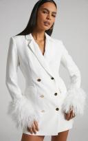 Rhaiza Mini Dress - Faux Feather Trim Double Breasted Blazer Dress in White - Showpo Blazer Dress Dresses | European Summer Outfit
