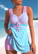 Rotita Swimdress Long Tankini Swimsuit To Hide Tummy Bulge Criss Cross Pink Polka Dot Mid Waisted Swimdress Set - M
