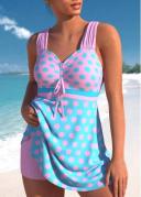 Rotita Swimdress Long Tankini Swimsuit To Hide Tummy Bulge Criss Cross Pink Polka Dot Mid Waisted Swimdress Set - M