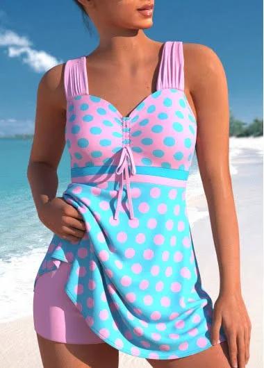 Rotita Swimdress Long Tankini Swimsuit To Hide Tummy Bulge Criss Cross Pink Polka Dot Mid Waisted Swimdress Set - M