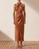 SHONA Joy - Women's Brown Midi Dresses - Luxe Gathered Halter Midi Dress - Size 8 at The Iconic