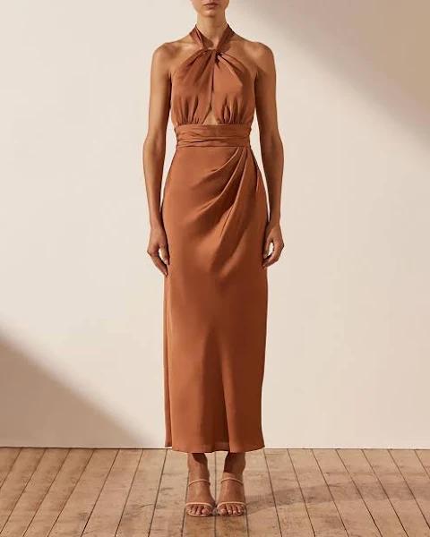 SHONA Joy - Women's Brown Midi Dresses - Luxe Gathered Halter Midi Dress - Size 8 at The Iconic