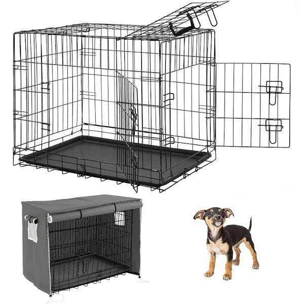 Taily 30" Pet Crate Dog Cage 3 Doors Collapsible Metal Kennel Rabbit Cat Puppy House w/ Tray & Cover