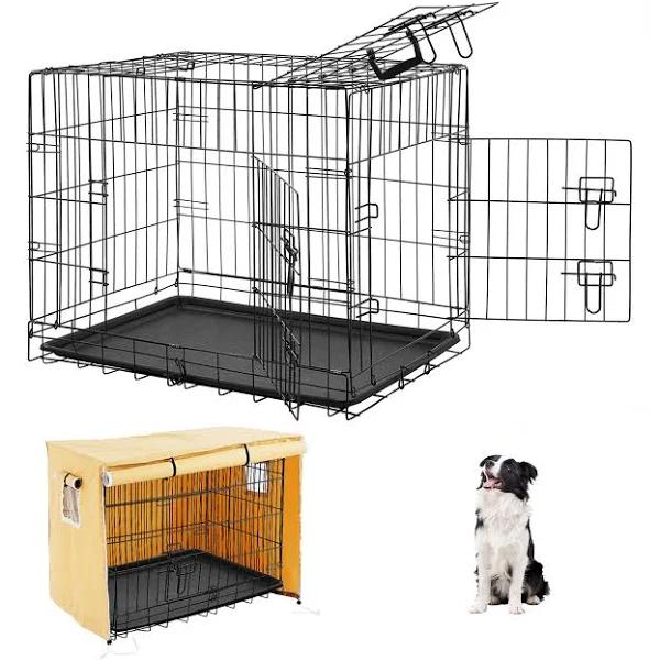 Taily 36" Pet Crate Dog Cage 3 Doors Collapsible Metal Kennel Rabbit Cat Puppy House w/ Tray & Cover