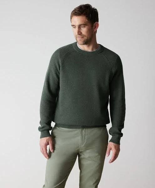 Trenery Men Merino Cotton Honeycomb Crew Top Dark Green Large Extrafine Merino Wool/Cotton