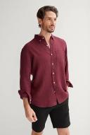 Trenery Regular Fit Delave Linen Long Sleeve Shirt in Burgundy Large Burgundy AU505884