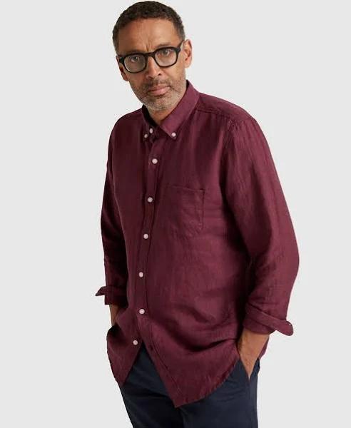 Trenery Regular Fit Delave Linen Long Sleeve Shirt in Burgundy Large Burgundy AU505884