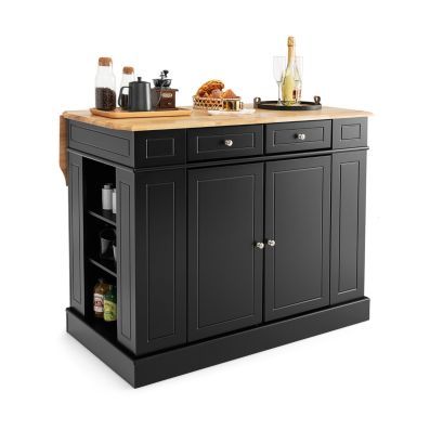 Costway Drop-Leaf Kitchen Island with Extendable Worktop and Adjustable Shelves-Black