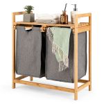 Giantex Bamboo Laundry Hamper w/Dual Compartments Laundry Basket Utility Storage Organizer For Bathroom Living Room Bedroom, Natural