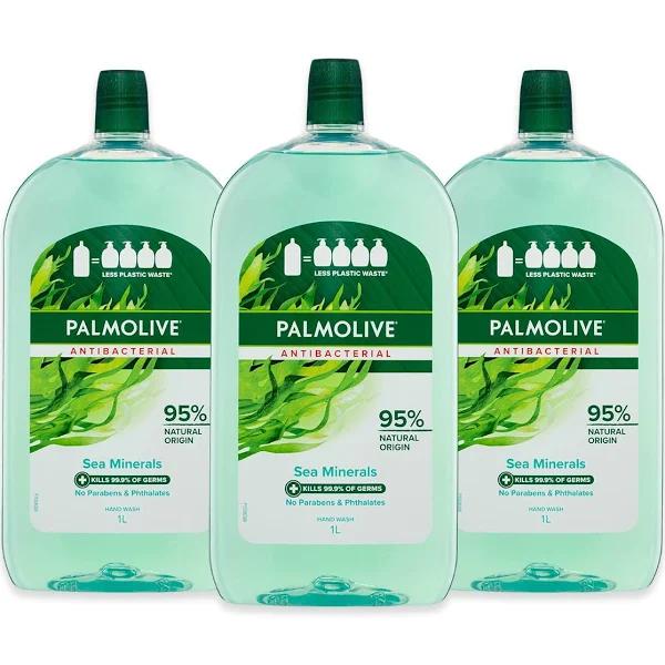 Palmolive Antibacterial Liquid Hand Wash Soap 3L (3 x 1L Packs), Sea Minerals Refill and Save, No Parabens Phthalates and Alcohol, Recyclable Bottle
