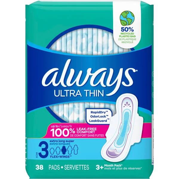 Always Ultra Thin Pads Size 3 Extra Long Super Absorbency Unscented with Wings 38 Count