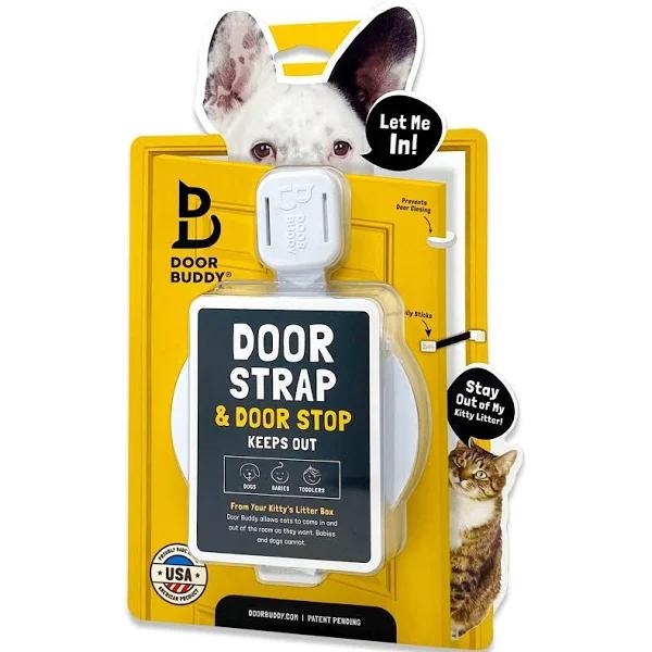 Door Buddy Door Latch Plus Door Stop. Keep Dog Out of Litter Box and Prevent Door from Closing. Easy Cat and Adult entry. Installs in Seconds.