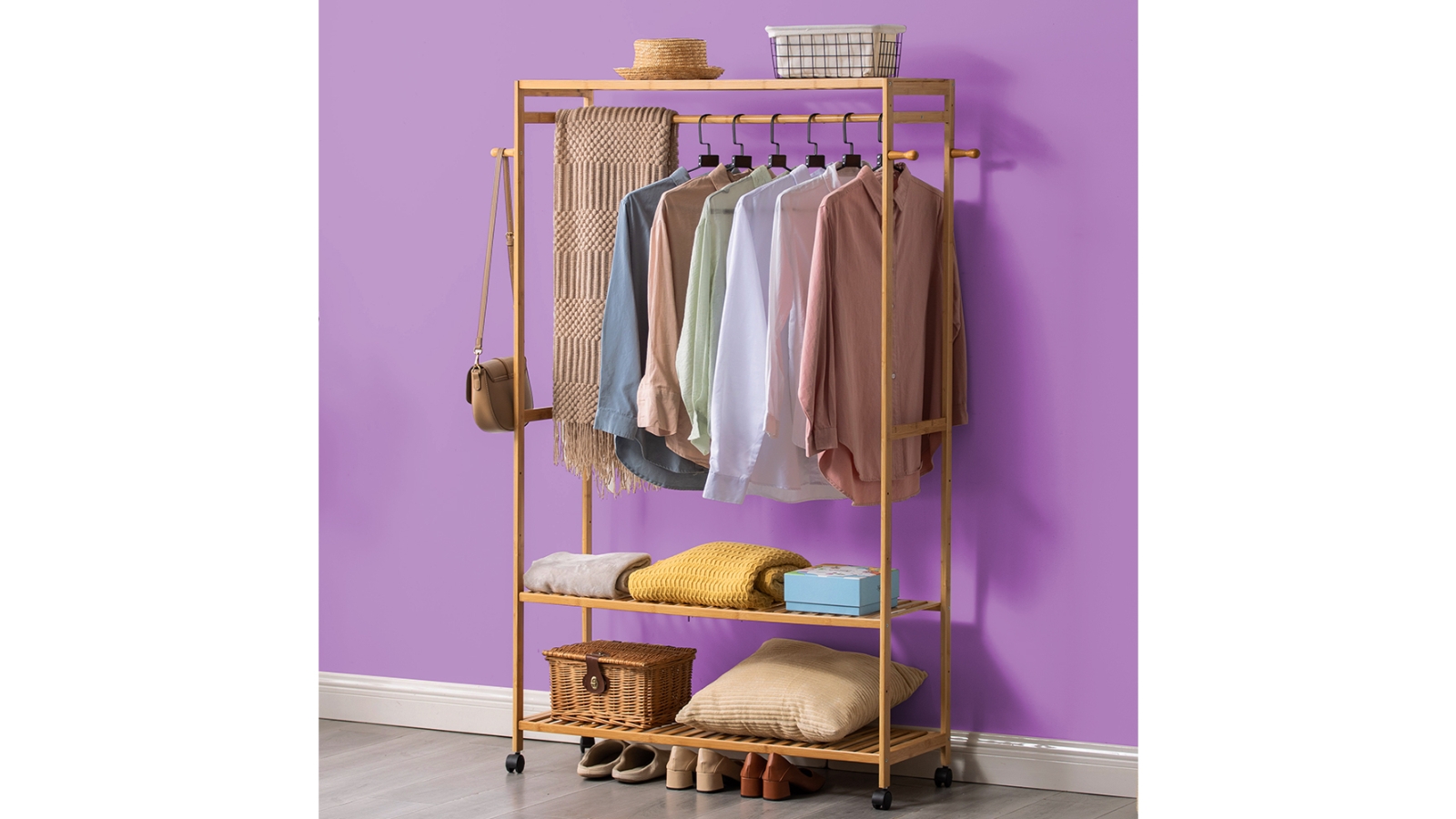 Furb Bamboo Clothes Rack Garment Coat Hanger Shelf