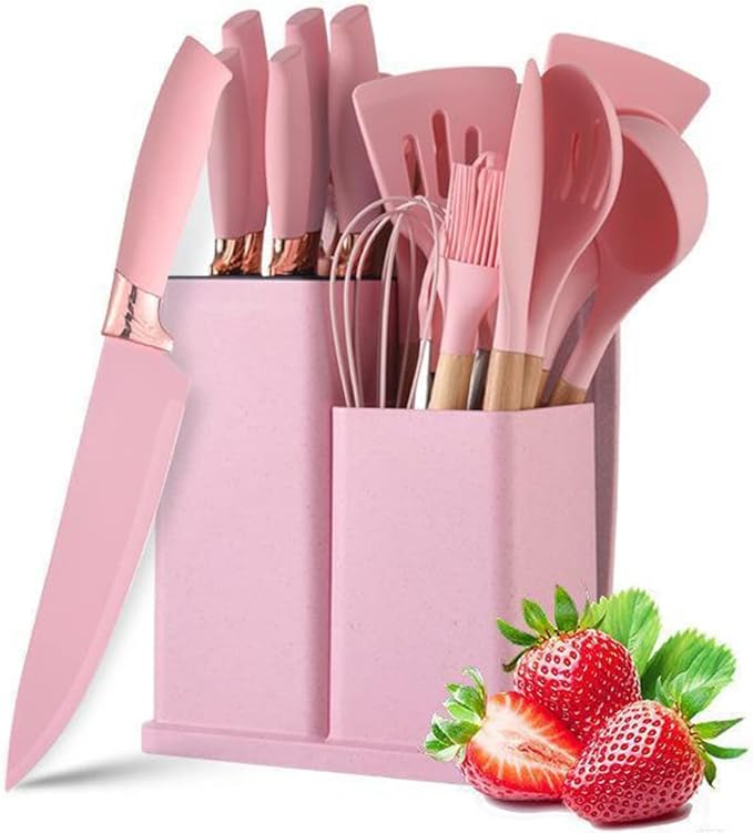 19pcs Kitchen Cooking Utensils Set Non-stick Spatula Spoon Cutter Whisk Wooden Silicone Handle Heat Resistant Cookware with Storage Holder Pink