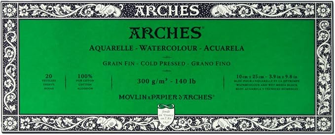 Arches : Aquarelle : Block : 140lb : 300gsm : 3.9x9.8in : 10x25cm : 20 Sheets : Glued : Not