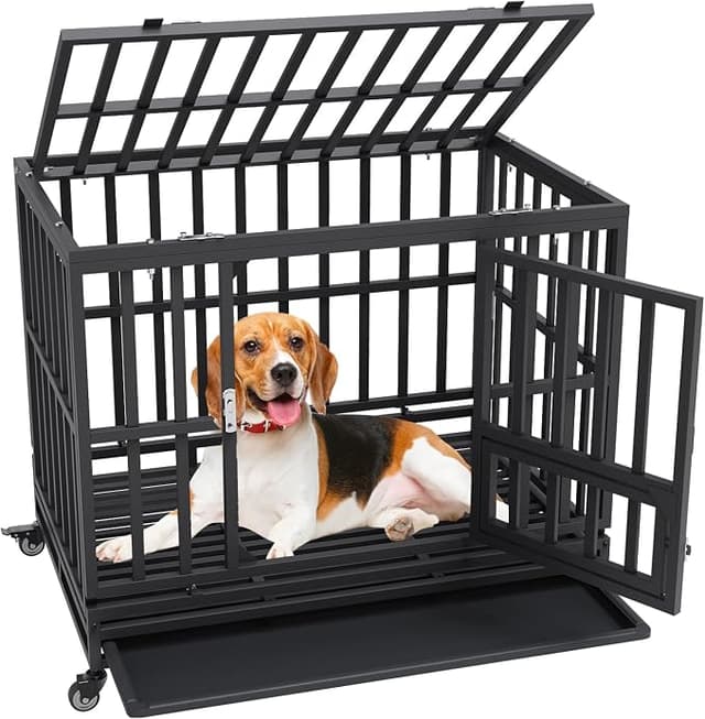 VEVOR Heavy Duty Dog Crate 38 in Metal Dog Kennel With Wheels and Removable Tray